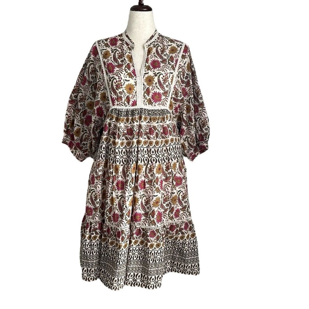 Caroll Paris Women’s Boho Floral Cotton Babydoll Prairie Dress Size 42FR/10US